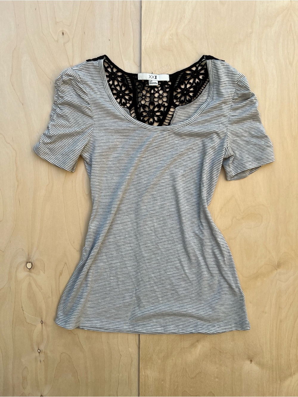 Forever 21 Striped Short Sleeve Top with Floral Lace Back